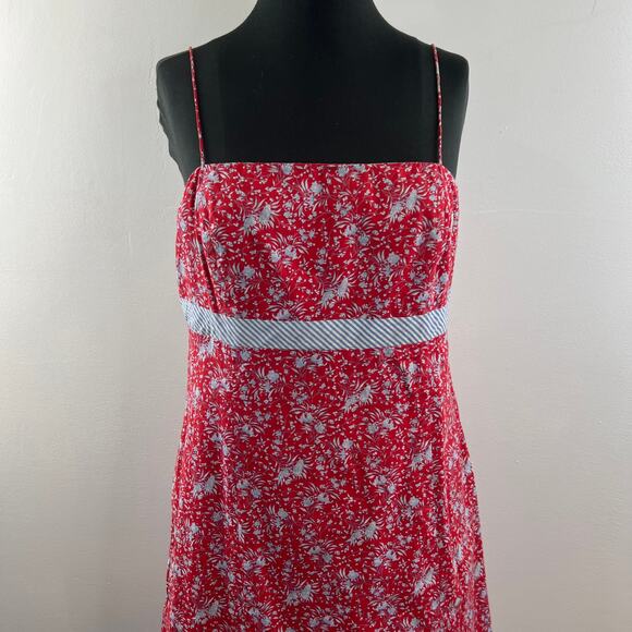 VTG Ann Taylor Red Blue Cami Dress Cotton Floral Print Square Back Tie Size 12 - Picture 2 of 9